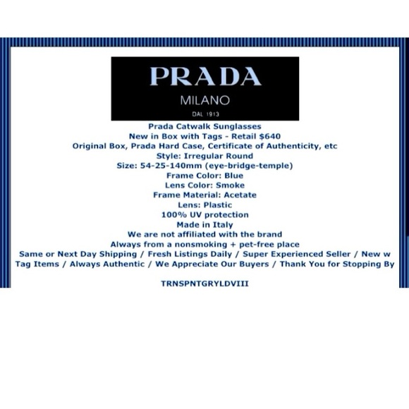 $640 Prada Catwalk Sunglasses Blue 54-25-140 Smoke Lens 100% UV GR8 Gift NWT - Picture 2 of 9